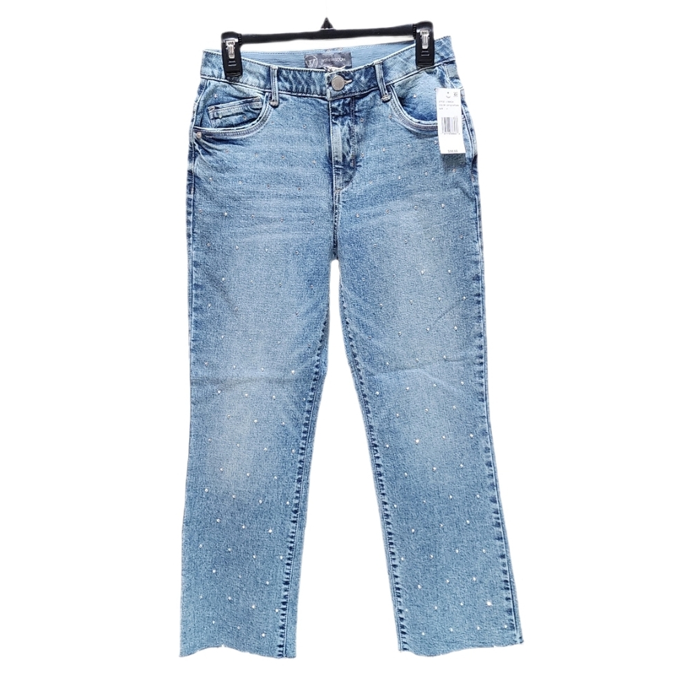 Wit & Wisdom Barely Bootcut Rhinestone Jeans Ankle Raw Hem Skyrise Ab Solution 4